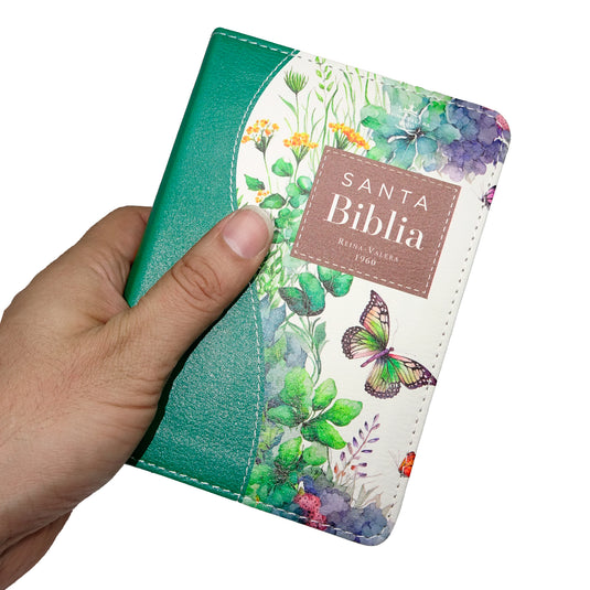 Biblia de Bolsillo RVR 1960, imitación piel verde flores y mariposas