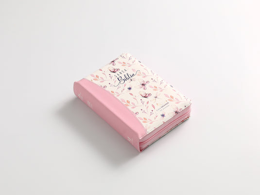 Biblia RVR 1960, Tamaño portátil, Cierre zíper, con índice, Letra Grande, imitación piel rosa mariposas