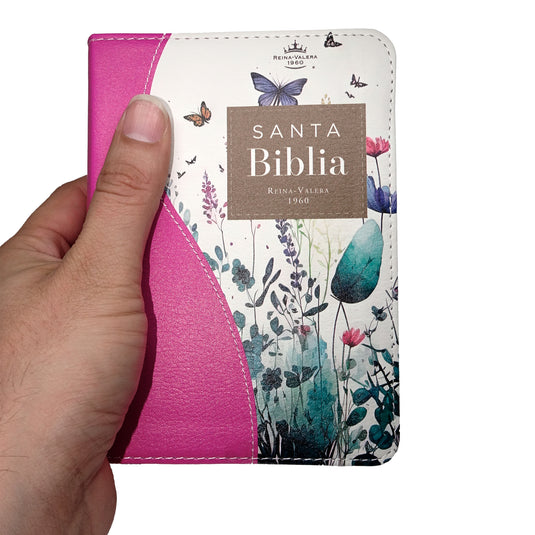 Biblia de Bolsillo RVR 1960, imitación piel fucsia flores y mariposas