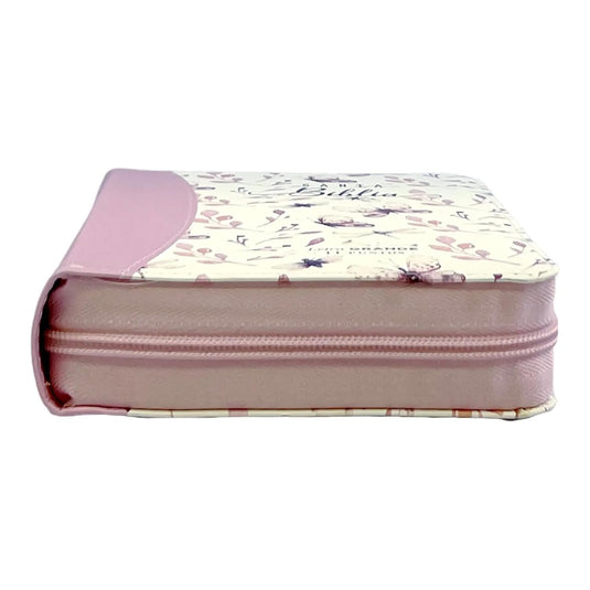 Biblia RVR 1960, Tamaño portátil, Cierre zíper, con índice, Letra Grande, imitación piel rosa mariposas