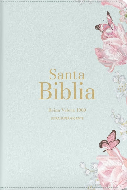 Biblia RVR 1960, Letra Súper Gigante, imitación piel salvia mariposas y flores
