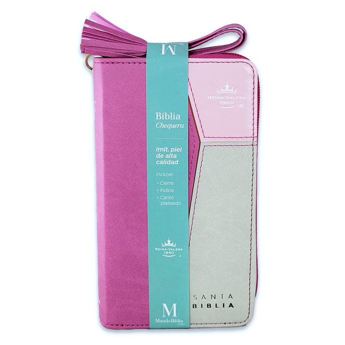 Biblia RVR 1960, Cierre zíper, con índice, símil piel fucsia con beige- Tipo chequera
