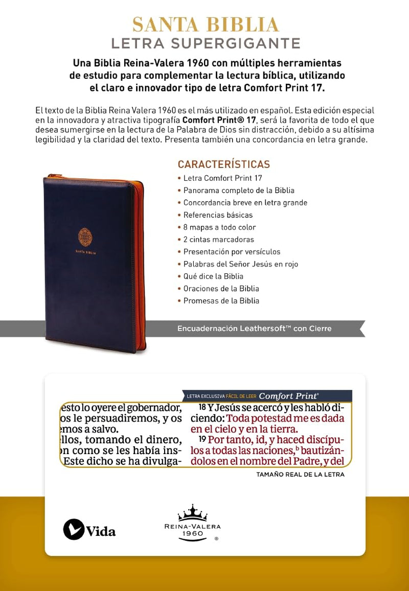 Cargue la imagen en el visor de la galería, Biblia RVR 1960, Letra Súper Gigante, Cierre zíper, imitación piel azul
