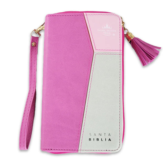 Biblia RVR 1960, Cierre zíper, con índice, símil piel fucsia con beige- Tipo chequera