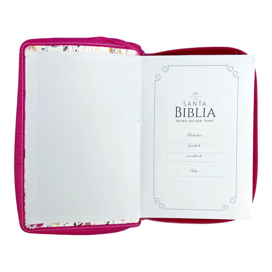 Biblia RVR 1960, Tamaño portátil, Cierre zíper, Letra Grande, imitación piel fucsia primaveral