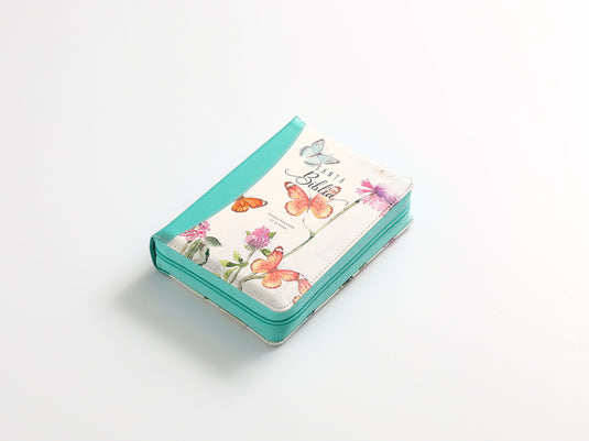 Biblia RVR 1960, Tamaño portátil, Cierre zíper, con índice, Letra Grande, imitación piel turquesa mariposas
