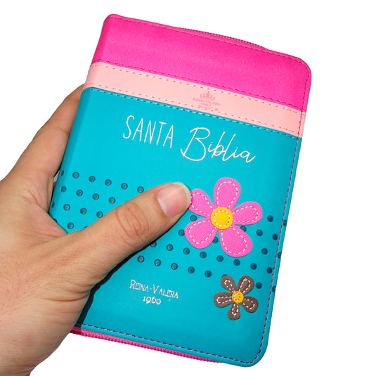 Biblia de Bolsillo RVR 1960, Cierre zíper, imitación piel fucsia/rosa/turquesa con flores
