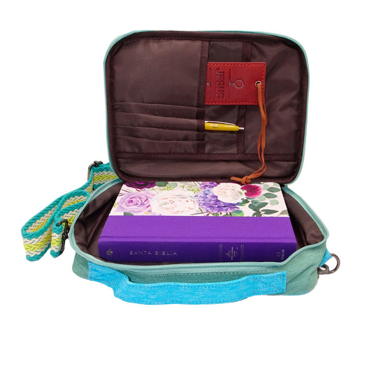 Estuche para biblia verde con celeste
