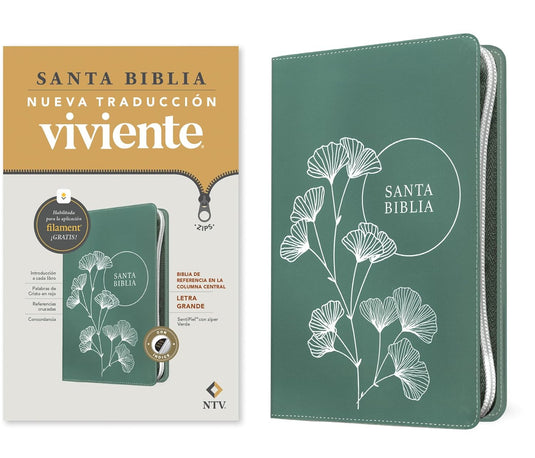 Biblia de referencia en la columna central NTV con Filament, Letra grande, Cierre zíper, con índice, SentiPiel  verde