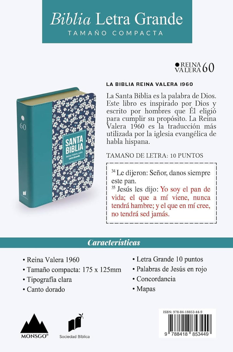 Cargue la imagen en el visor de la galería, Biblia RVR 1960, Tamaño compacta, Letra Grande, imitación piel verde azulado flores
