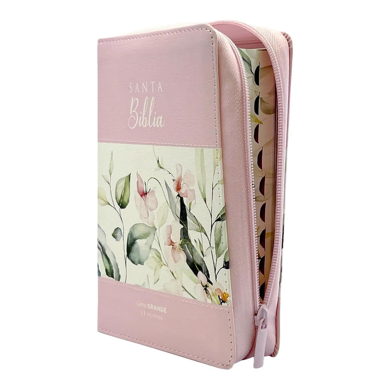 Cargue la imagen en el visor de la galería, Biblia RVR 1960, Letra Grande, Cierre zíper, con índice, imitación piel rosada flores
