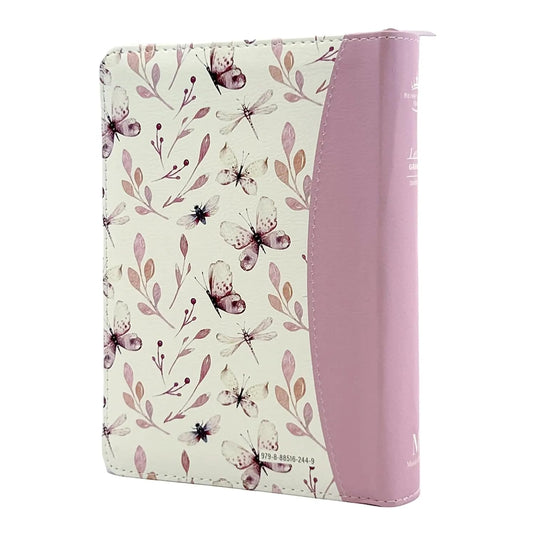 Biblia RVR 1960, Tamaño portátil, Cierre zíper, con índice, Letra Grande, imitación piel rosa mariposas