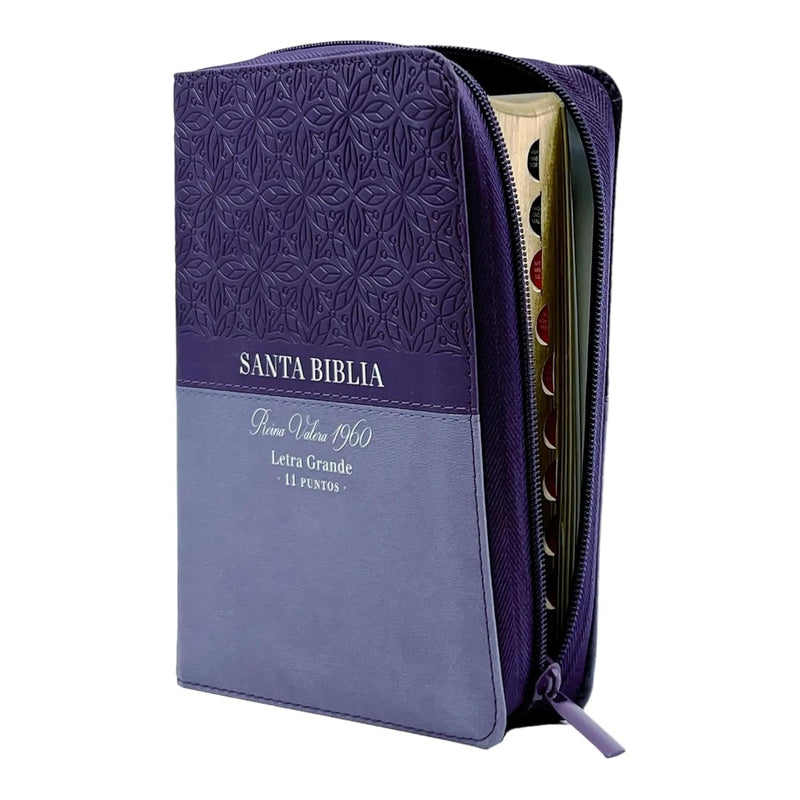 Cargue la imagen en el visor de la galería, Biblia RVR 1960, Tamaño portátil, Cierre zíper, con índice, Letra Grande, imitación piel tonos lila
