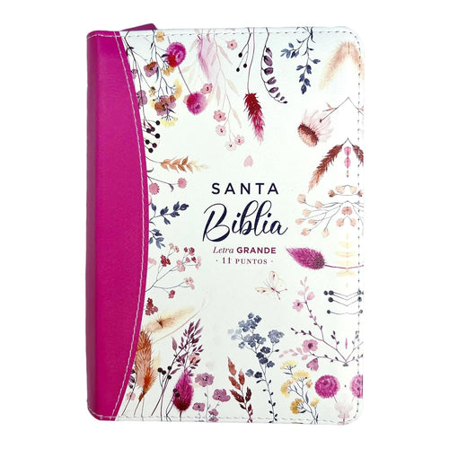 Biblia RVR 1960, Tamaño portátil, Cierre zíper, Letra Grande, imitación piel fucsia primaveral