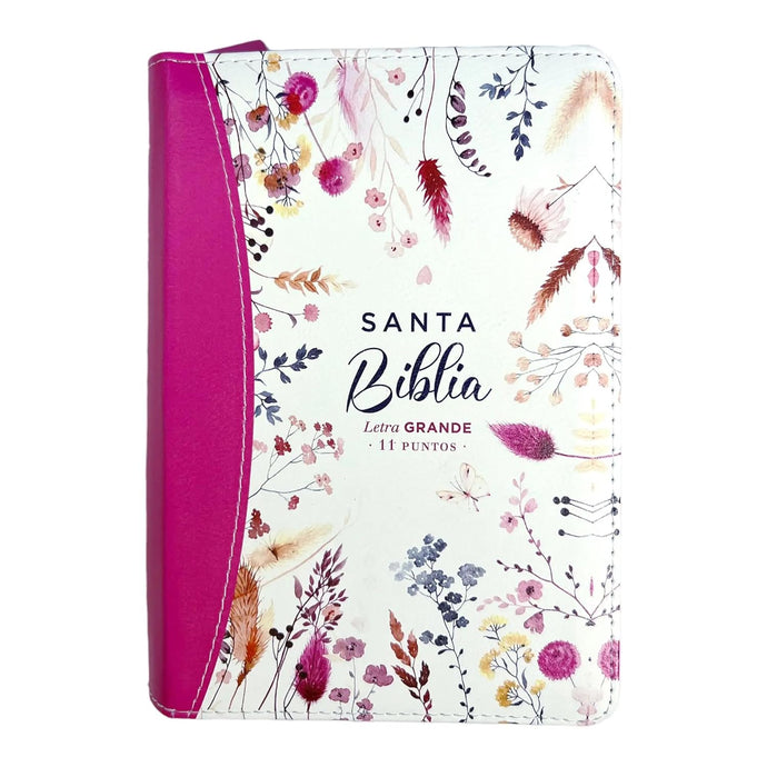 Biblia RVR 1960, Tamaño portátil, Cierre zíper, Letra Grande, imitación piel fucsia primaveral