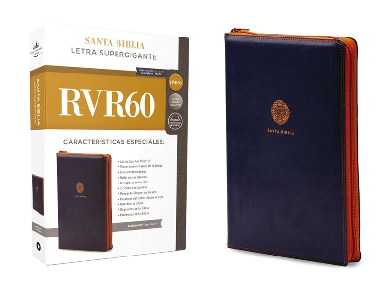 Cargue la imagen en el visor de la galería, Biblia RVR 1960, Letra Súper Gigante, Cierre zíper, imitación piel azul
