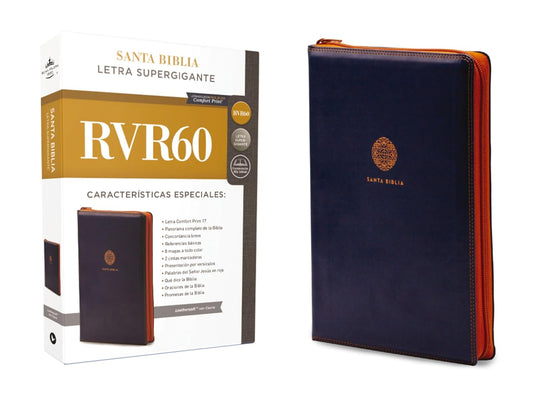 Biblia RVR 1960, Letra Súper Gigante, Cierre zíper, imitación piel azul