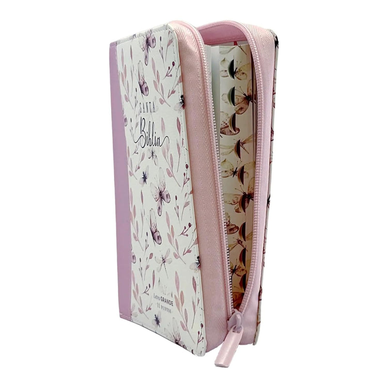 Cargue la imagen en el visor de la galería, Biblia RVR 1960, Tamaño portátil, Cierre zíper, con índice, Letra Grande, imitación piel rosa mariposas
