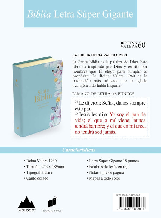 Biblia RVR 1960, Letra Súper Gigante, imitación piel celeste mariposas y flores