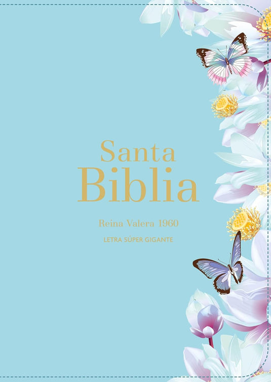 Biblia RVR 1960, Letra Súper Gigante, imitación piel celeste mariposas y flores