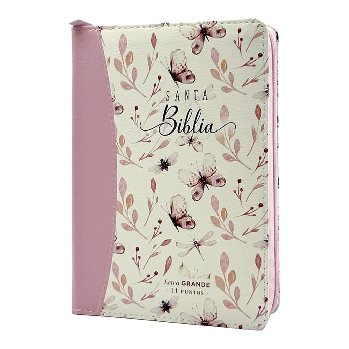 Biblia RVR 1960, Tamaño portátil, Cierre zíper, con índice, Letra Grande, imitación piel rosa mariposas