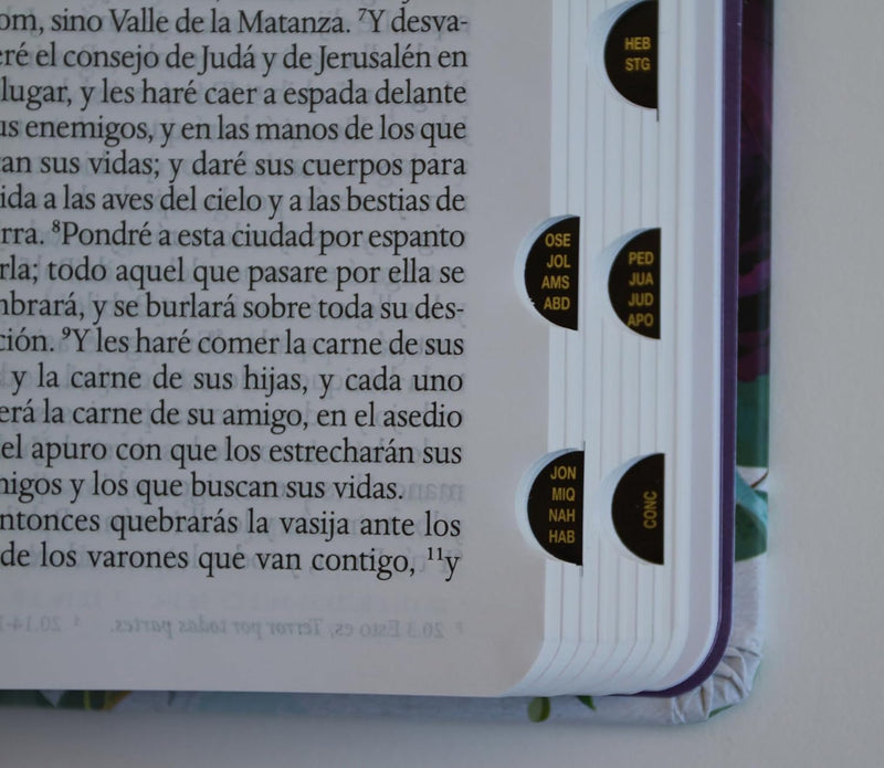 Cargue la imagen en el visor de la galería, Biblia ultrafina RVR 1960, Letra Grande, Tamaño Manual, con índice, Tapa dura/ tela morada con flores
