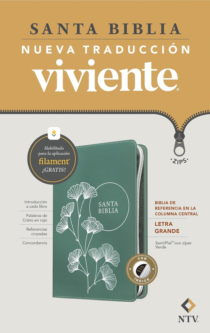 Cargue la imagen en el visor de la galería, Biblia de referencia en la columna central NTV con Filament, Letra grande, Cierre zíper, con índice, SentiPiel  verde

