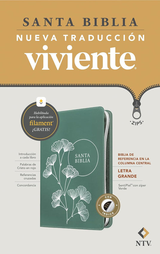 Biblia de referencia en la columna central NTV con Filament, Letra grande, Cierre zíper, con índice, SentiPiel  verde