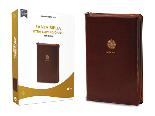 Biblia RVR 1960, Letra Súper Gigante, Cierre zíper, imitación piel café