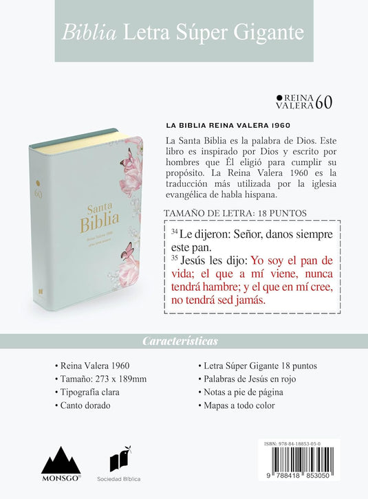 Biblia RVR 1960, Letra Súper Gigante, imitación piel salvia mariposas y flores