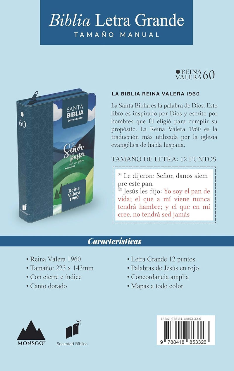 Cargue la imagen en el visor de la galería, Biblia RVR 1960, Tamaño manual, Cierre zíper, con índice, Letra Grande, imitación piel Salmo 23:1
