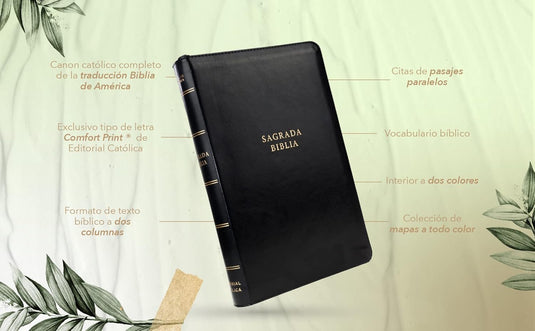 Biblia Católica, Tamaño personal, Leathersoft, Negra, Cierre zíper, Comfort Print