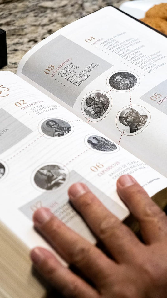 Biblia de Estudio Patrística RVR, imitación piel marrón