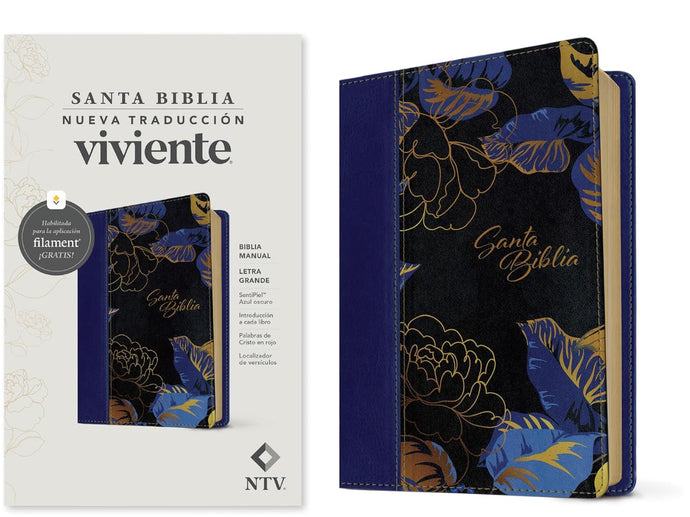 Biblia manual NTV, con Filament, Letra Grande, SentiPiel azul oscuro flores