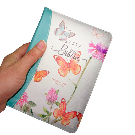 Biblia RVR 1960, Tamaño manual, Cierre zíper, con índice, Letra Gigante, imitación piel turquesa mariposas