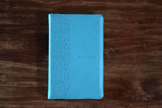 Biblia RVR 1960, Tamaño Manual, Letra Grande,  Cierre zíper, imitación piel aguamarina