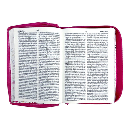 Biblia RVR 1960, Tamaño portátil, Cierre zíper, Letra Grande, imitación piel fucsia primaveral