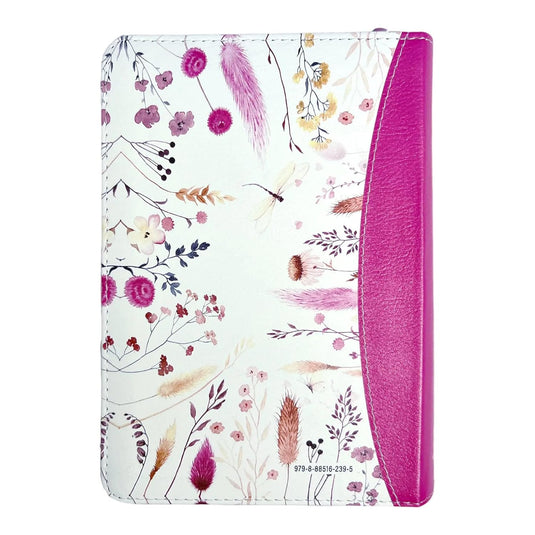 Biblia RVR 1960, Tamaño portátil, Cierre zíper, Letra Grande, imitación piel fucsia primaveral