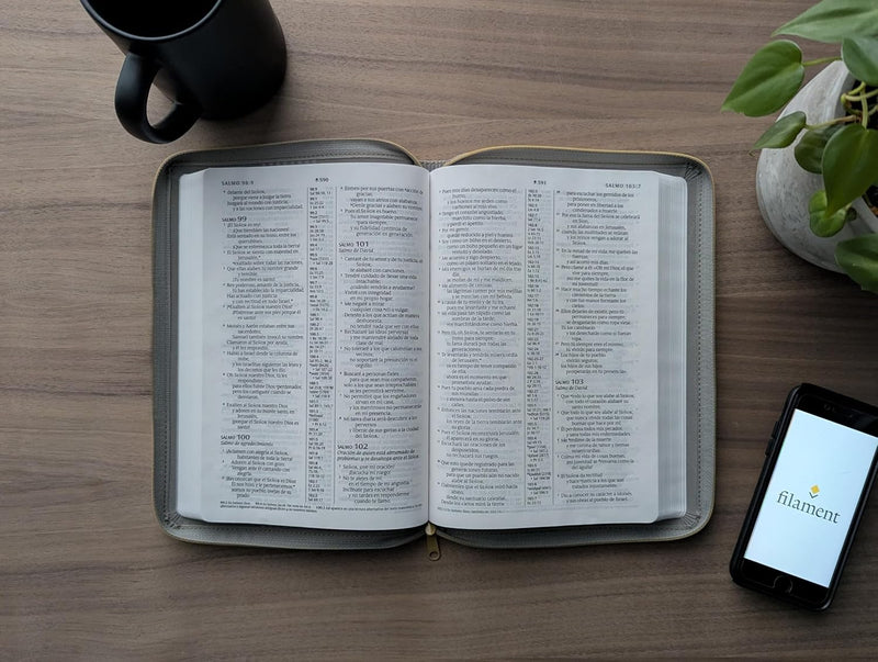 Cargue la imagen en el visor de la galería, Biblia de referencia en la columna central NTV con Filament, Letra grande, Cierre zíper, con índice, SentiPiel  gris
