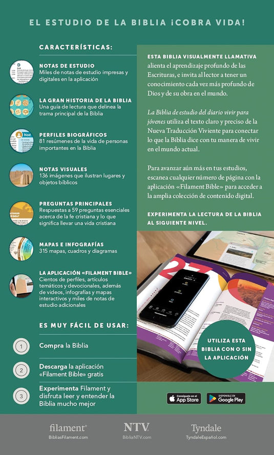 Biblia de estudio del Diario Vivir para jóvenes NTV con Filament, con índice, Tapa dura verde