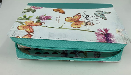 Biblia RVR 1960, Tamaño portátil, Cierre zíper, con índice, Letra Grande, imitación piel turquesa mariposas
