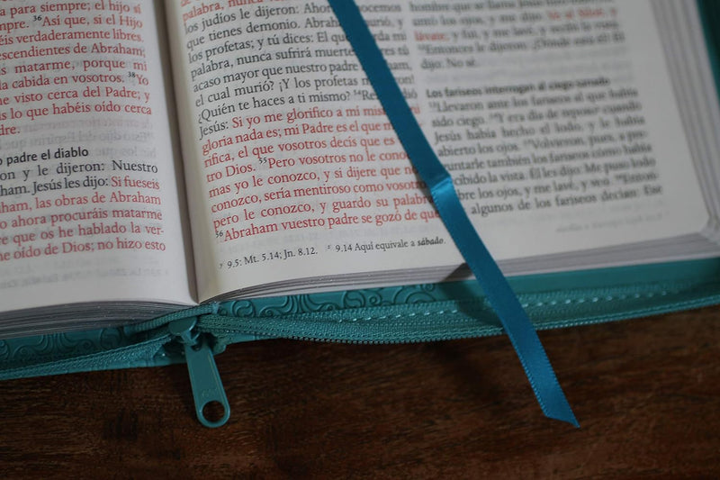 Cargue la imagen en el visor de la galería, Biblia RVR 1960, Tamaño Manual, Letra Grande,  Cierre zíper, imitación piel aguamarina
