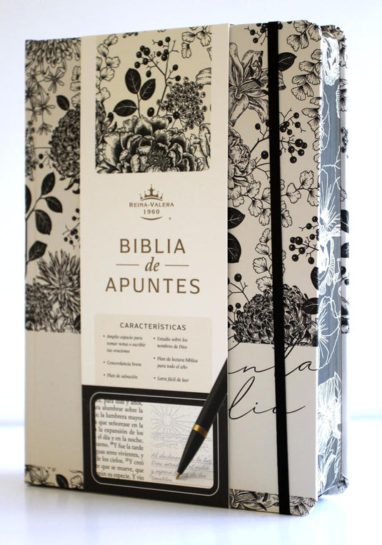 Biblia de Apuntes RVR 1960, Tapa dura blanca con negro con flores