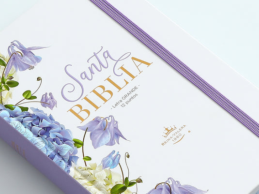 Biblia RVR 1960, Tamaño Manual, Letra Grande, tapa dura con elástico blanco con lila floral