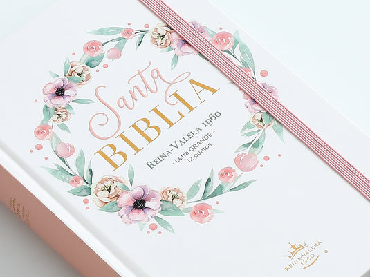 Biblia RVR 1960, Tamaño Manual, Letra Grande, tapa dura con elástico flor