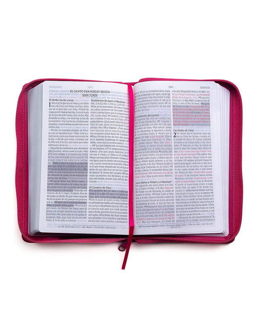 Biblia de Promesas RVR 1960, Tamaño Manual, Cierre zíper, Letra Grande, piel especial fucsia