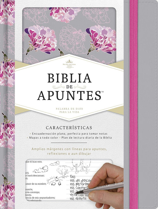 Biblia de apuntes RVR 1960, tela impresa gris y floreado