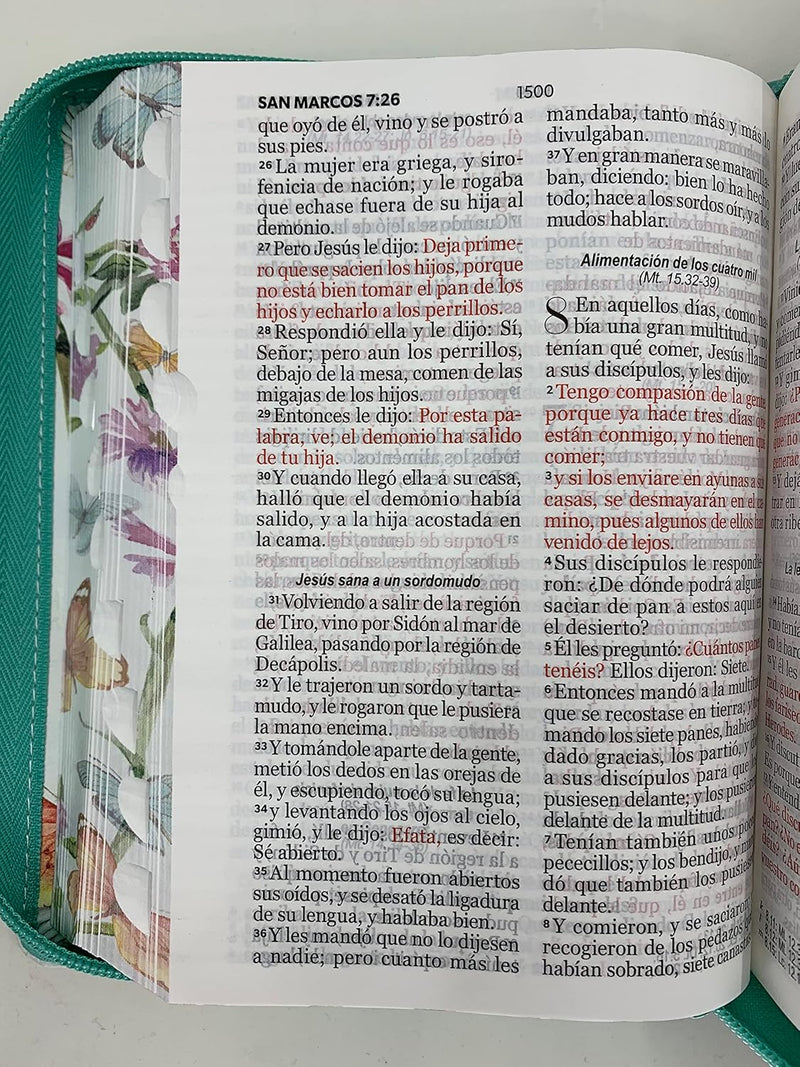 Cargue la imagen en el visor de la galería, Biblia RVR 1960, Tamaño portátil, Cierre zíper, con índice, Letra Grande, imitación piel turquesa mariposas
