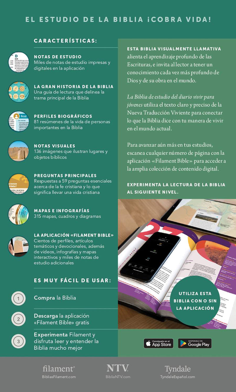 Cargue la imagen en el visor de la galería, Biblia de estudio del Diario Vivir para jóvenes NTV con Filament, imitación piel azul oscuro
