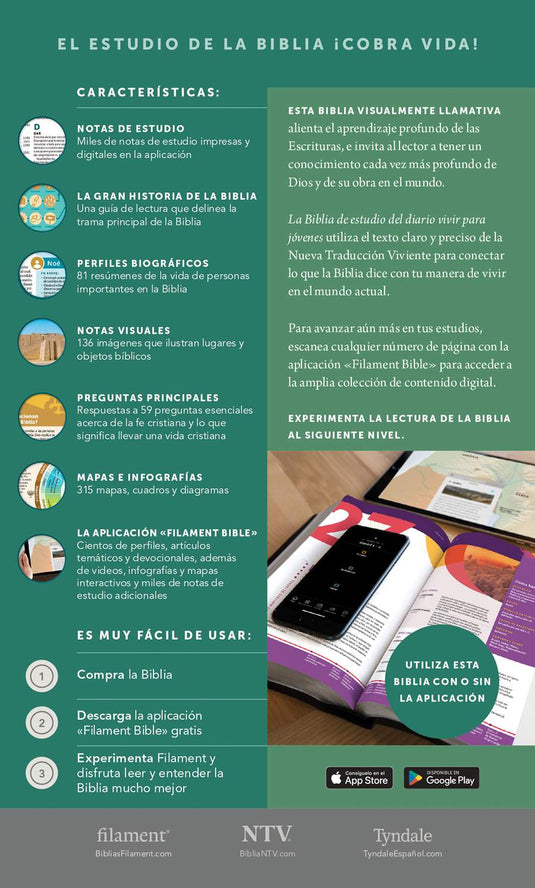 Biblia de estudio del Diario Vivir para jóvenes NTV con Filament, imitación piel azul oscuro